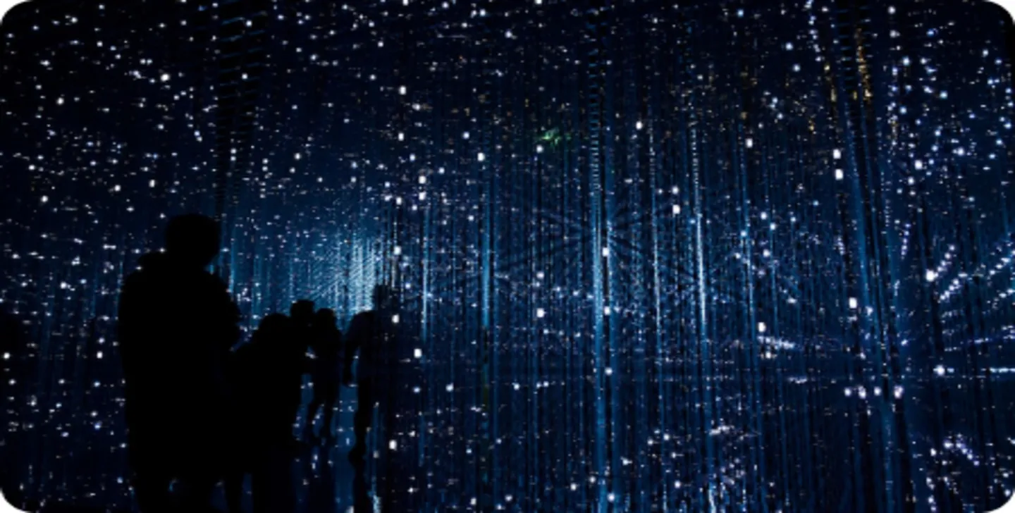 Silhouette of person viewing illuminated digital cityscape with data points