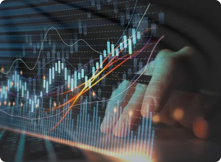 Financial chart with candlestick bars and upward trending line