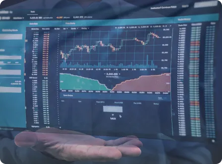 Trading dashboard with candlestick forex charts and market data tables