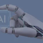 Robotic hand with AI chip icon overlay on blue background