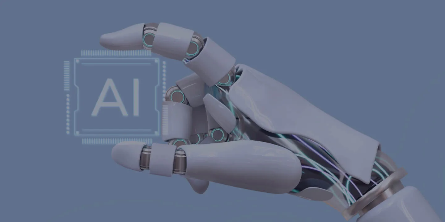 Robotic hand with AI chip icon overlay on blue background