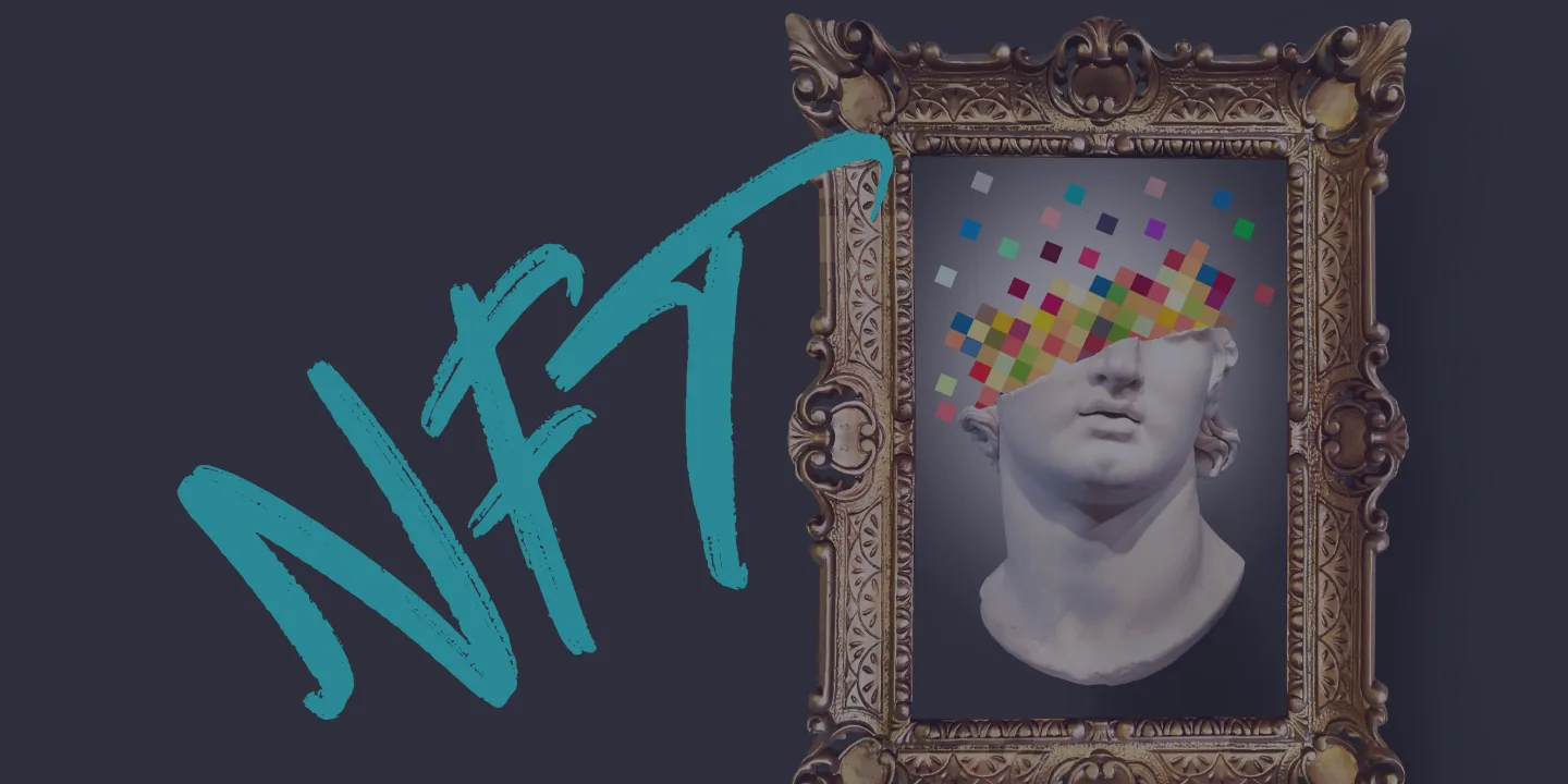 Classical bust with pixelated colored squares overlay, ornate gold frame, turquoise NFT text