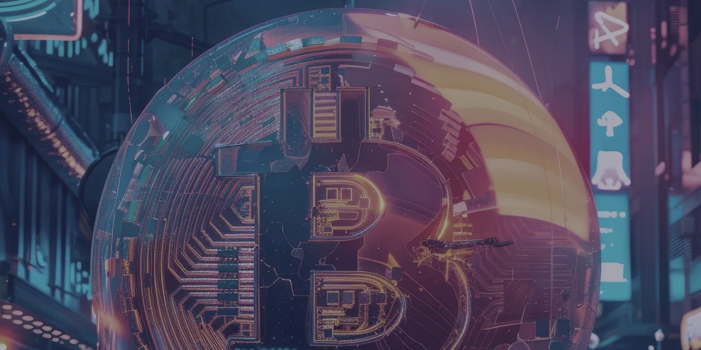 3D Bitcoin symbol with circuit board pattern and neon glow effect