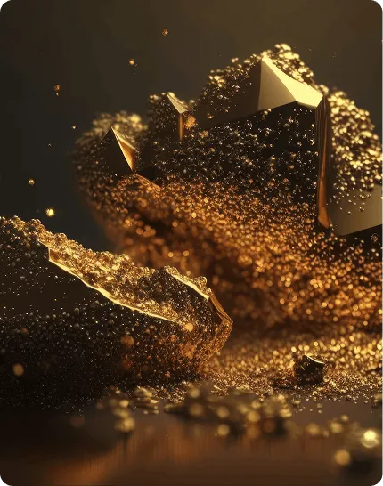 Golden commodity tokens with flowing particle effects on dark background