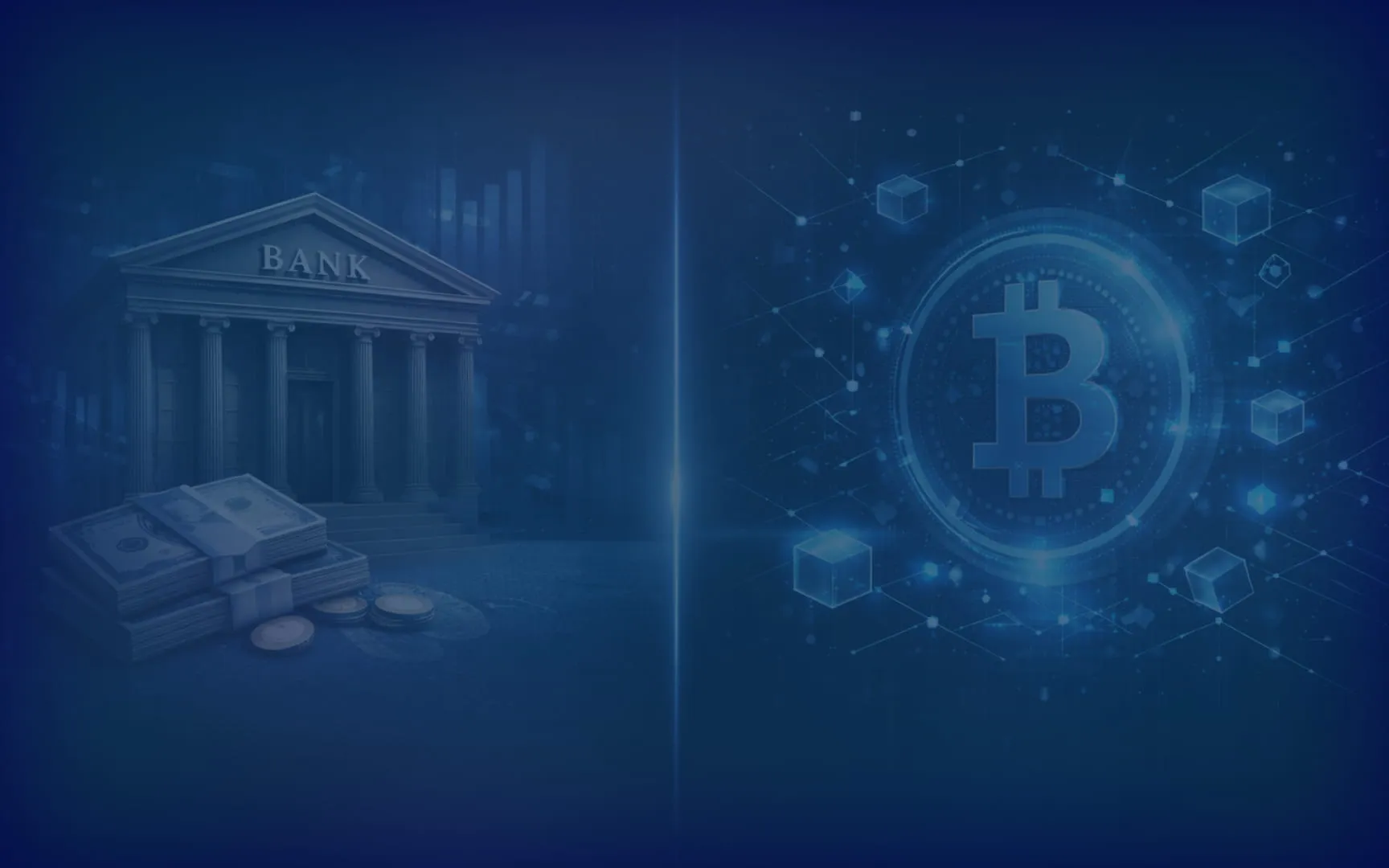Traditional bank with currency alongside Bitcoin symbol in digital network landscape
