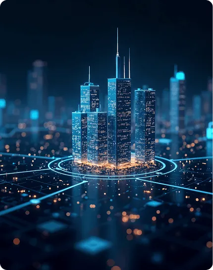 Digital cityscape with illuminated skyscrapers and glowing network connections