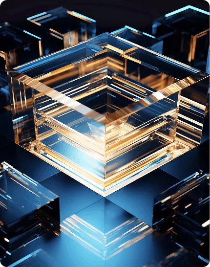 Layered transparent cube with gold and blue neon lighting on dark background