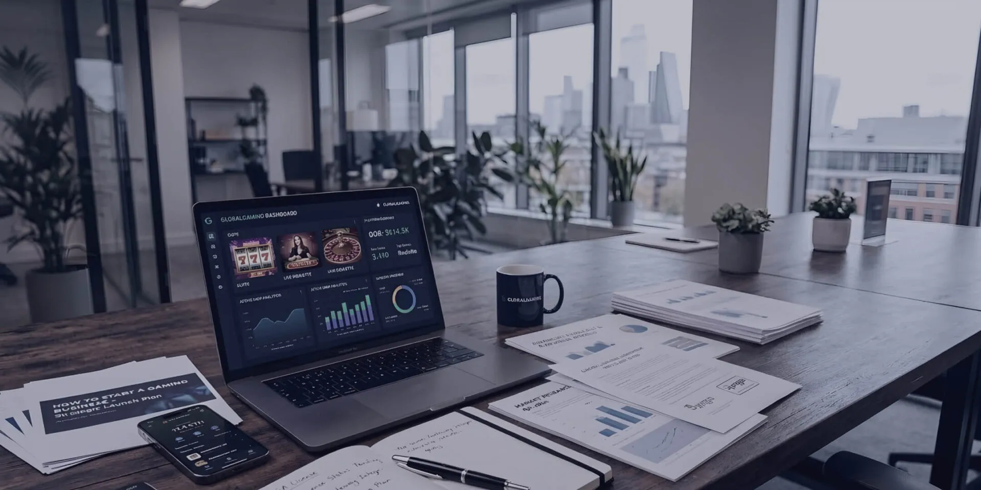 Modern office desk with laptop and gaming analytics dashboard