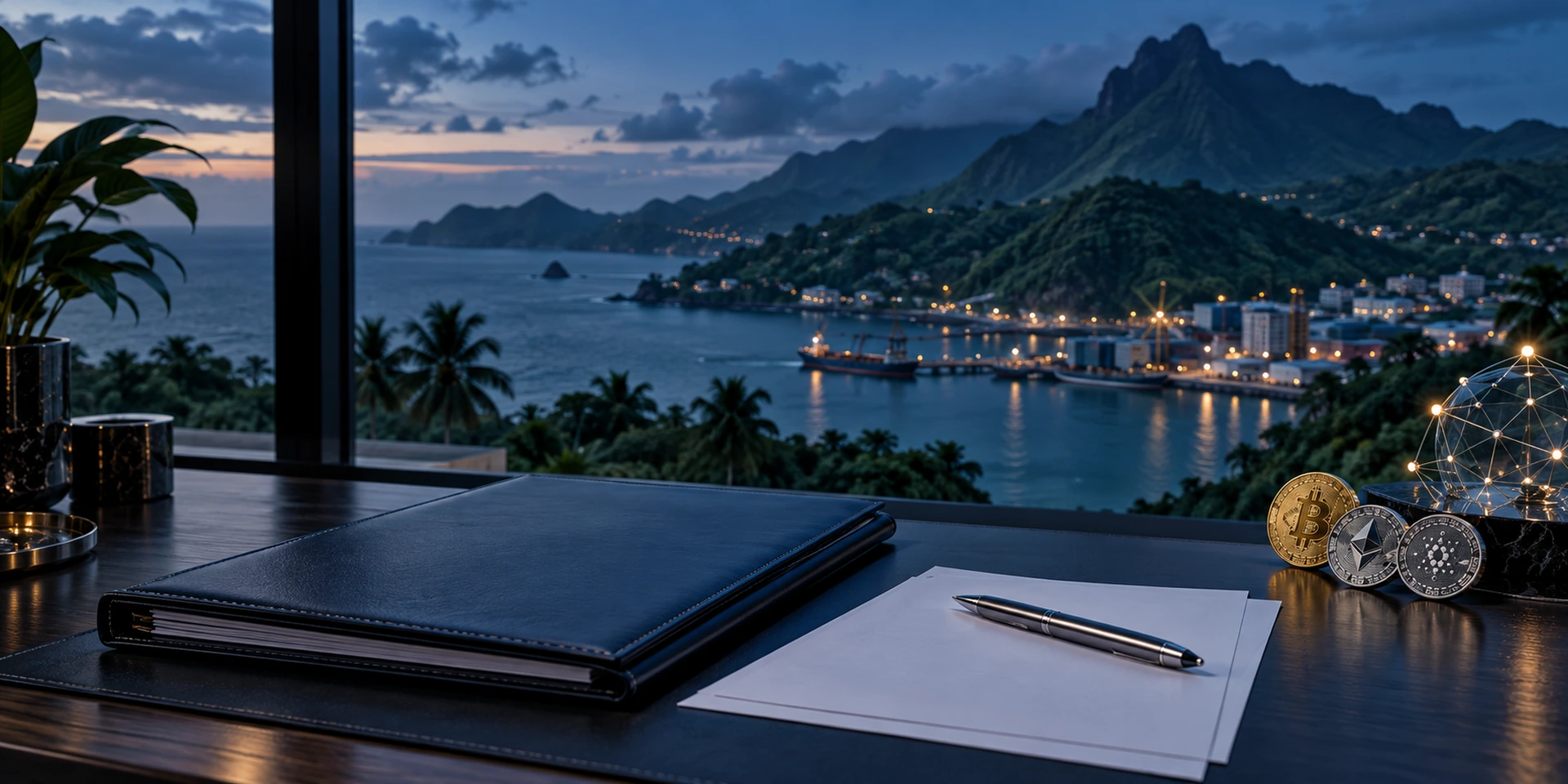 Documents and cryptocurrency tokens on a desk overlooking a tropical island coastline at dusk.