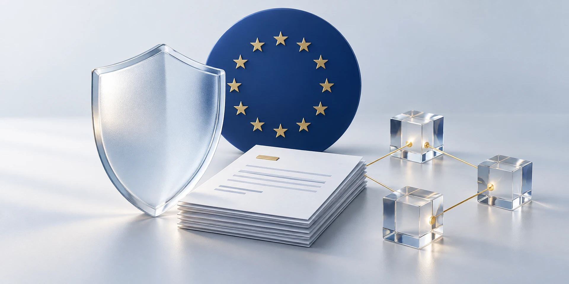 Shield, application documents and connected digital assets beside EU stars, illustrating CASP authorisation under MiCA.
