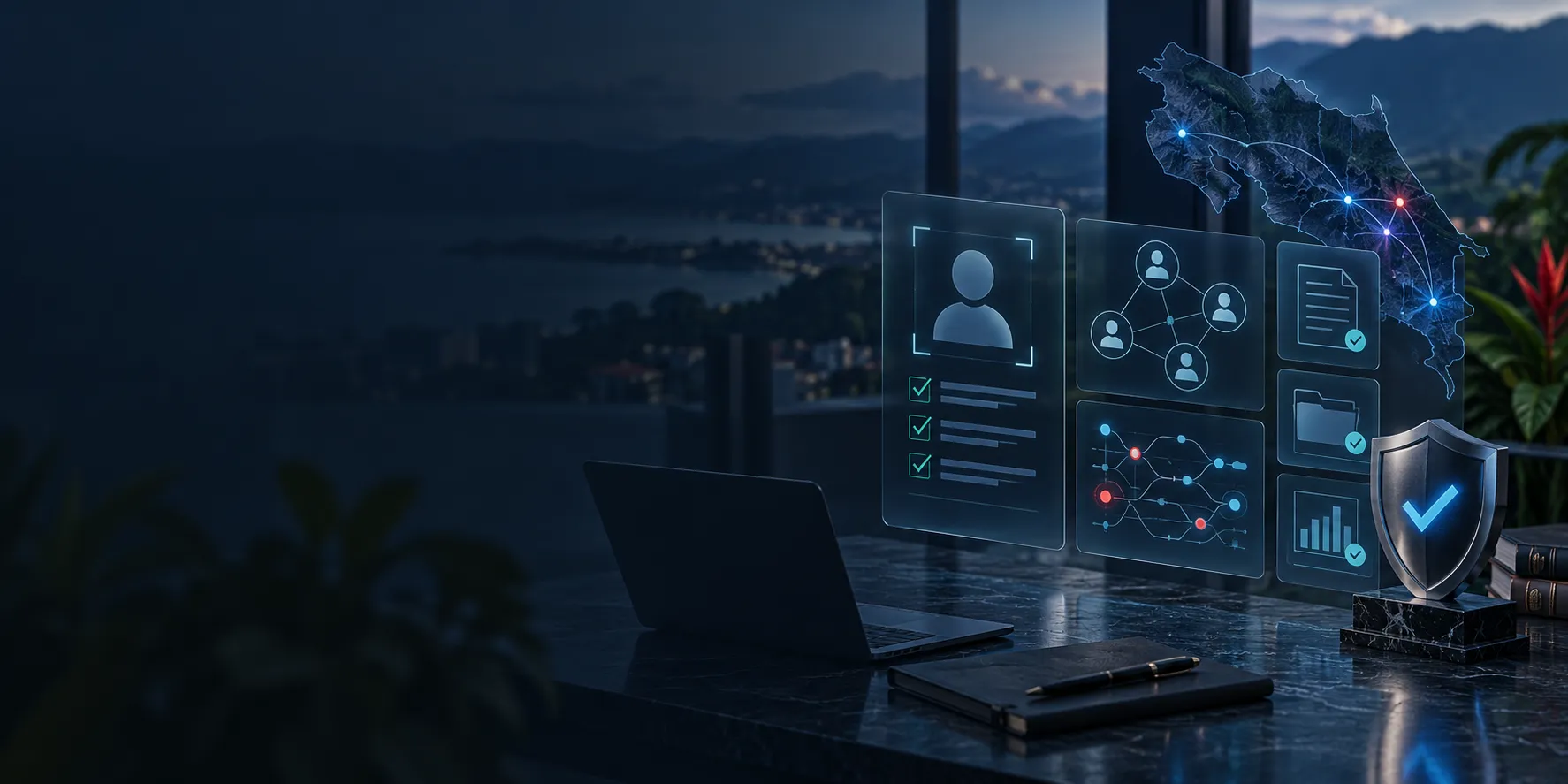 Costa Rica map with digital identity verification, beneficial-owner checks, transaction monitoring and a security shield for VASP AML/KYC compliance.
