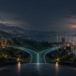 Digital route branching between Costa Rica’s tropical landscape and Panama’s skyline, illustrating a crypto company jurisdiction comparison.