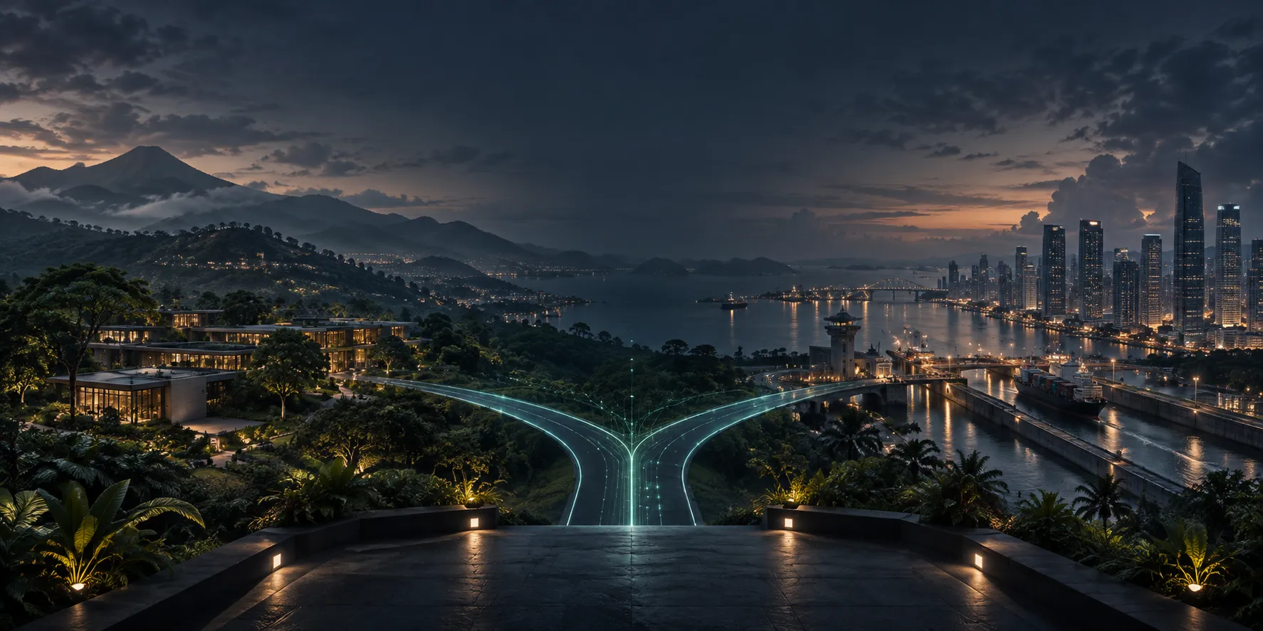 Digital route branching between Costa Rica’s tropical landscape and Panama’s skyline, illustrating a crypto company jurisdiction comparison.