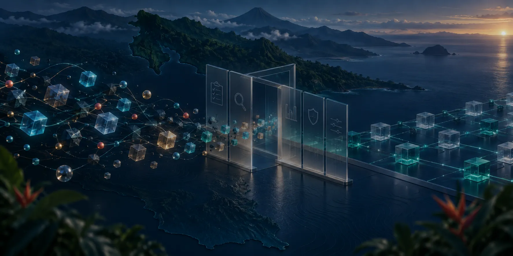 Virtual asset network passing through compliance controls over a Costa Rica-inspired coastal landscape.