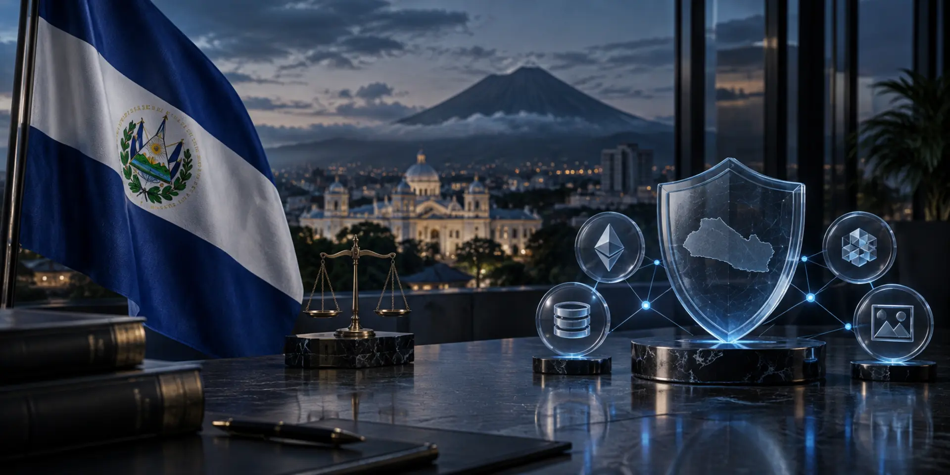 El Salvador flag beside scales of justice and a digital shield with connected asset symbols, illustrating DASP licensing and compliance.
