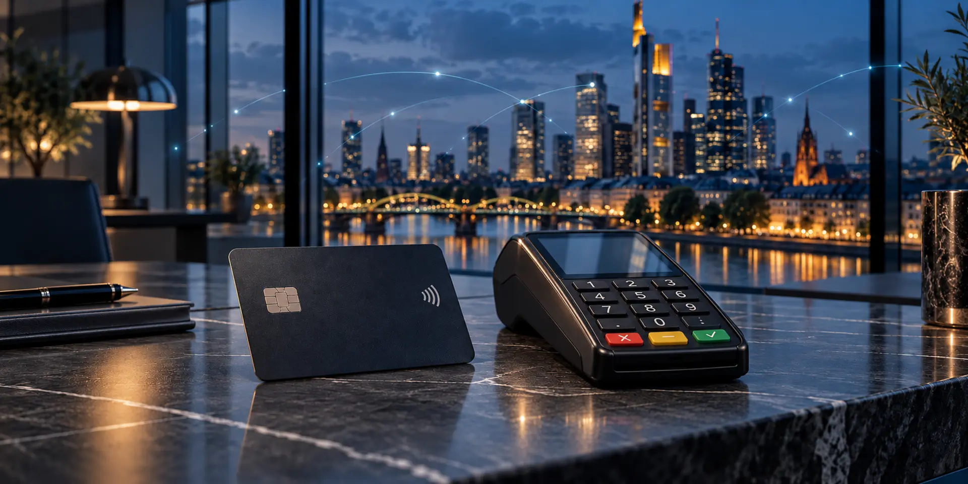 Payment card and terminal overlooking a European financial district at dusk, illustrating electronic money services.