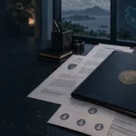 Corporate document folder, ownership records and a digital network map of Costa Rica on a dark office desk.