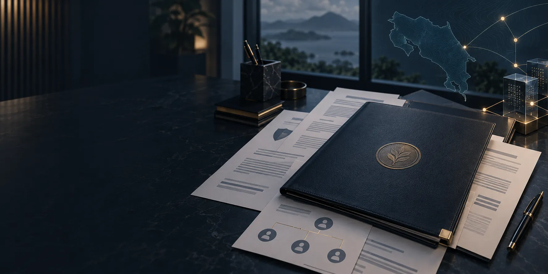 Corporate document folder, ownership records and a digital network map of Costa Rica on a dark office desk.