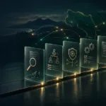 Six translucent compliance panels lead to a digital gateway against a dark Costa Rican landscape, illustrating the SUGEF VASP registration process.