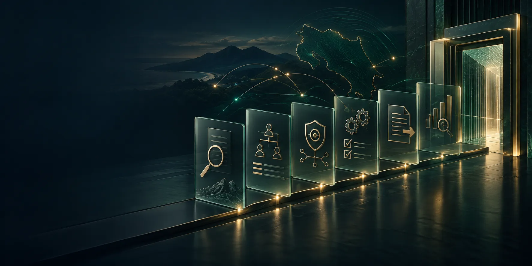Six translucent compliance panels lead to a digital gateway against a dark Costa Rican landscape, illustrating the SUGEF VASP registration process.