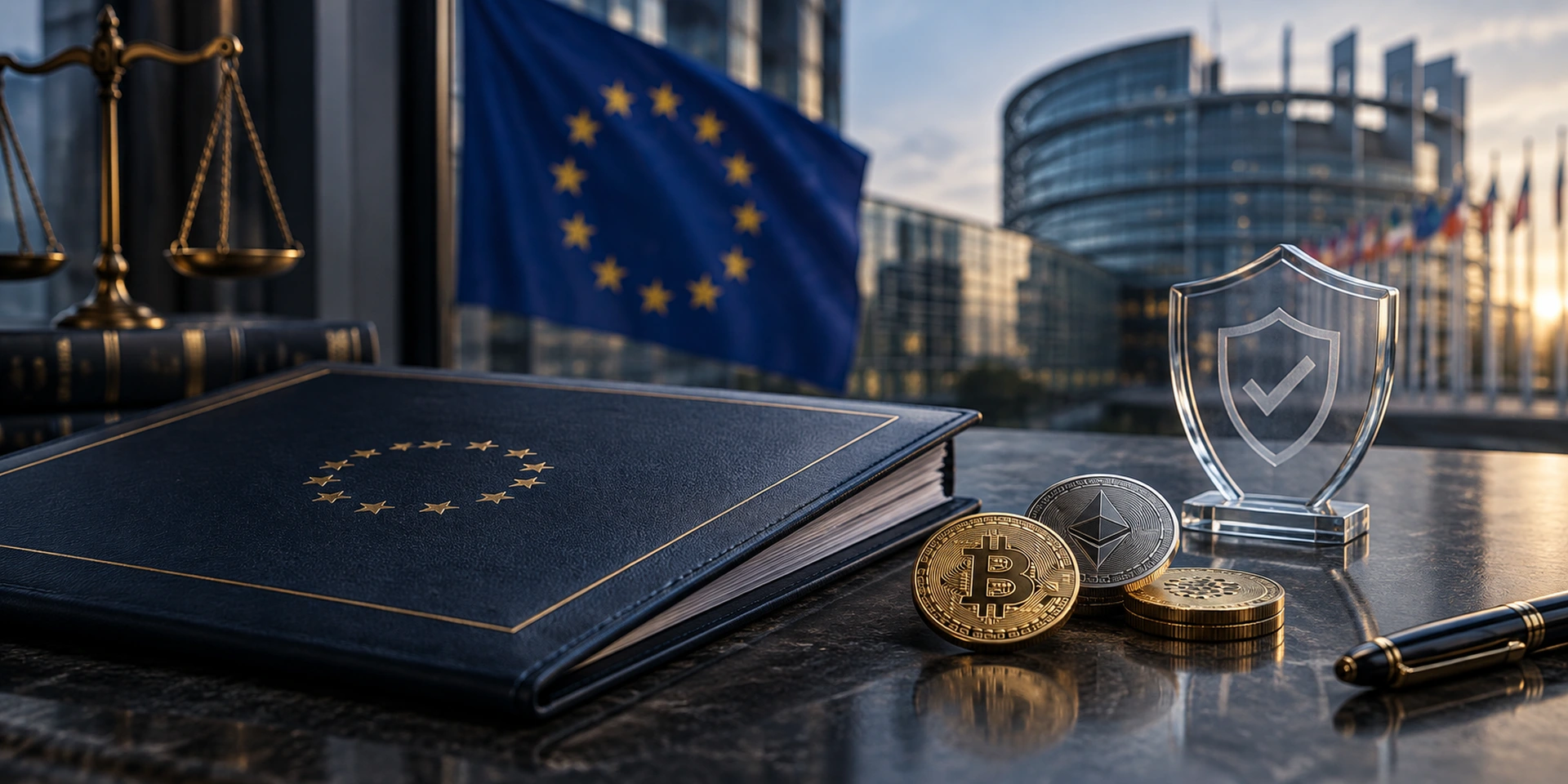 EU flag, cryptocurrency coins and a glass shield illustrating MiCA licensing and crypto-asset regulation.