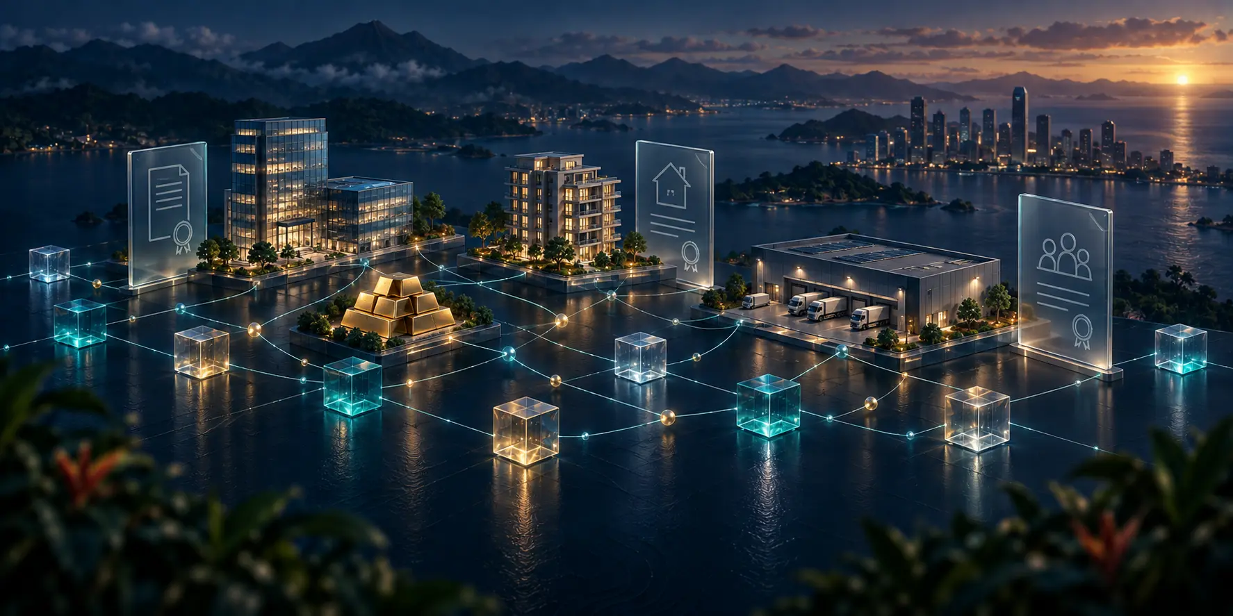 Real estate, gold bars and ownership documents connected to digital tokens, illustrating RWA tokenization.