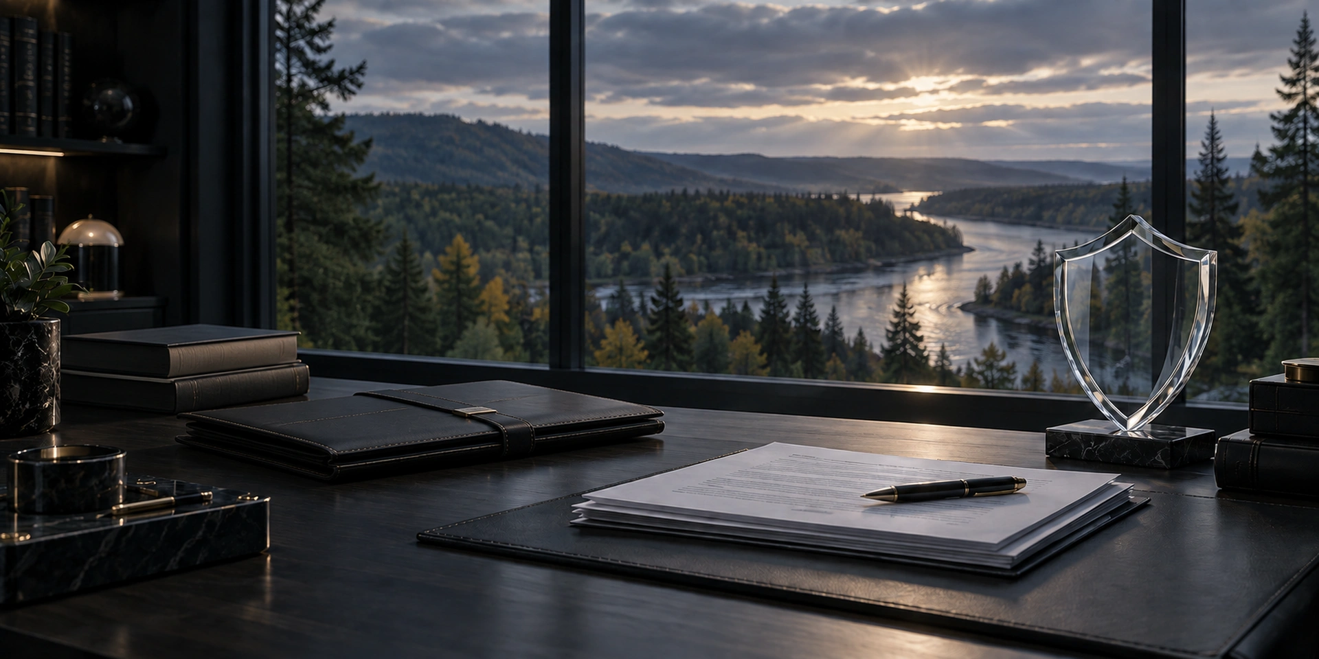 Application documents, a leather folder and a glass shield on an office desk overlooking a forested river at sunset.