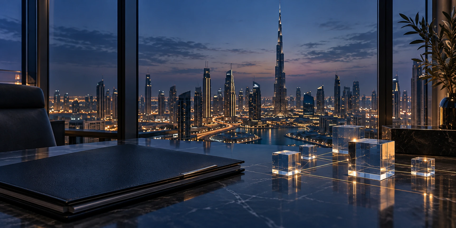 Dubai skyline at dusk with a document folder and connected glass blocks representing virtual asset licensing under VARA.