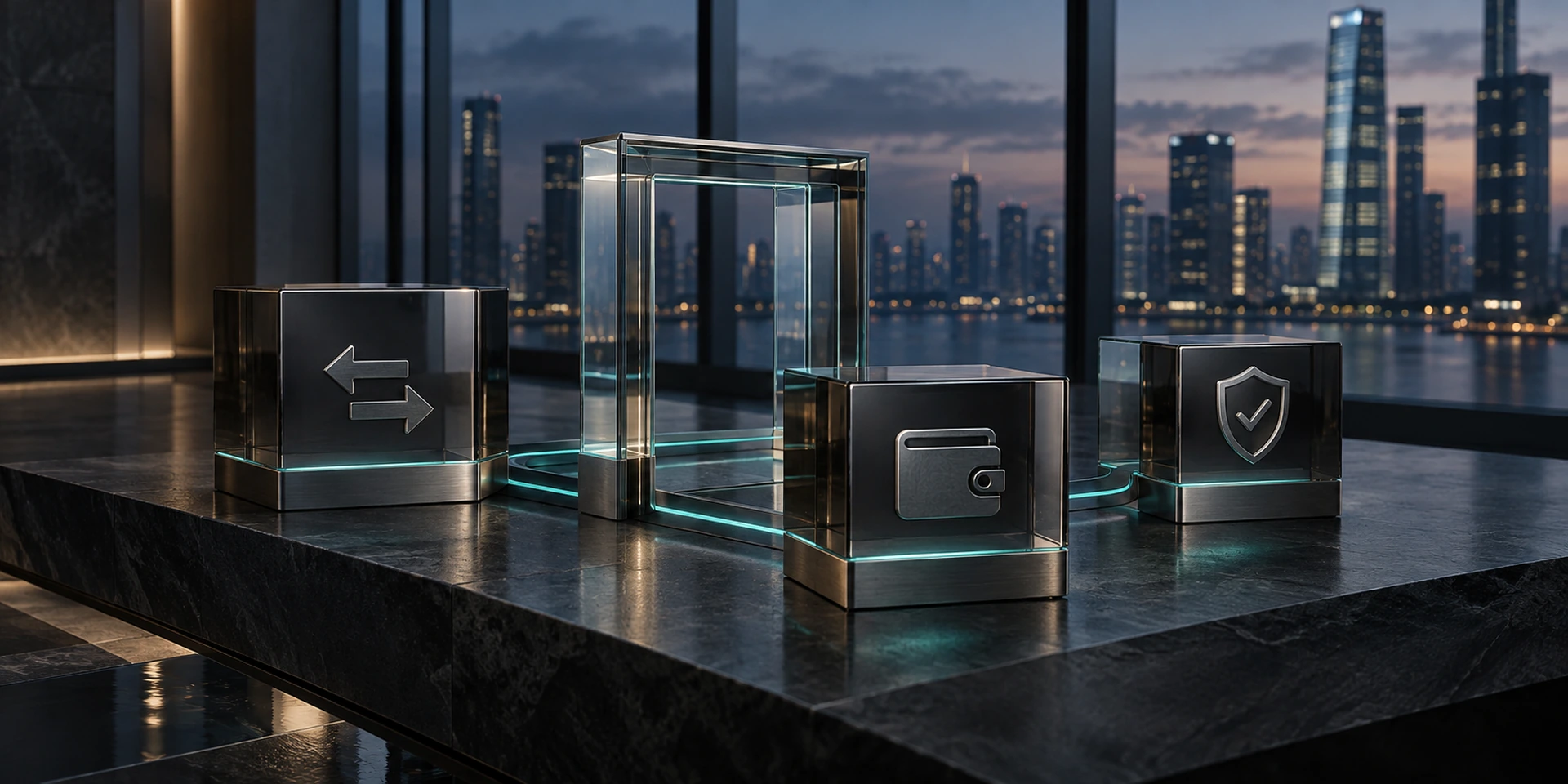 Connected glass modules with exchange, wallet and compliance icons representing virtual asset services and VASP licensing.