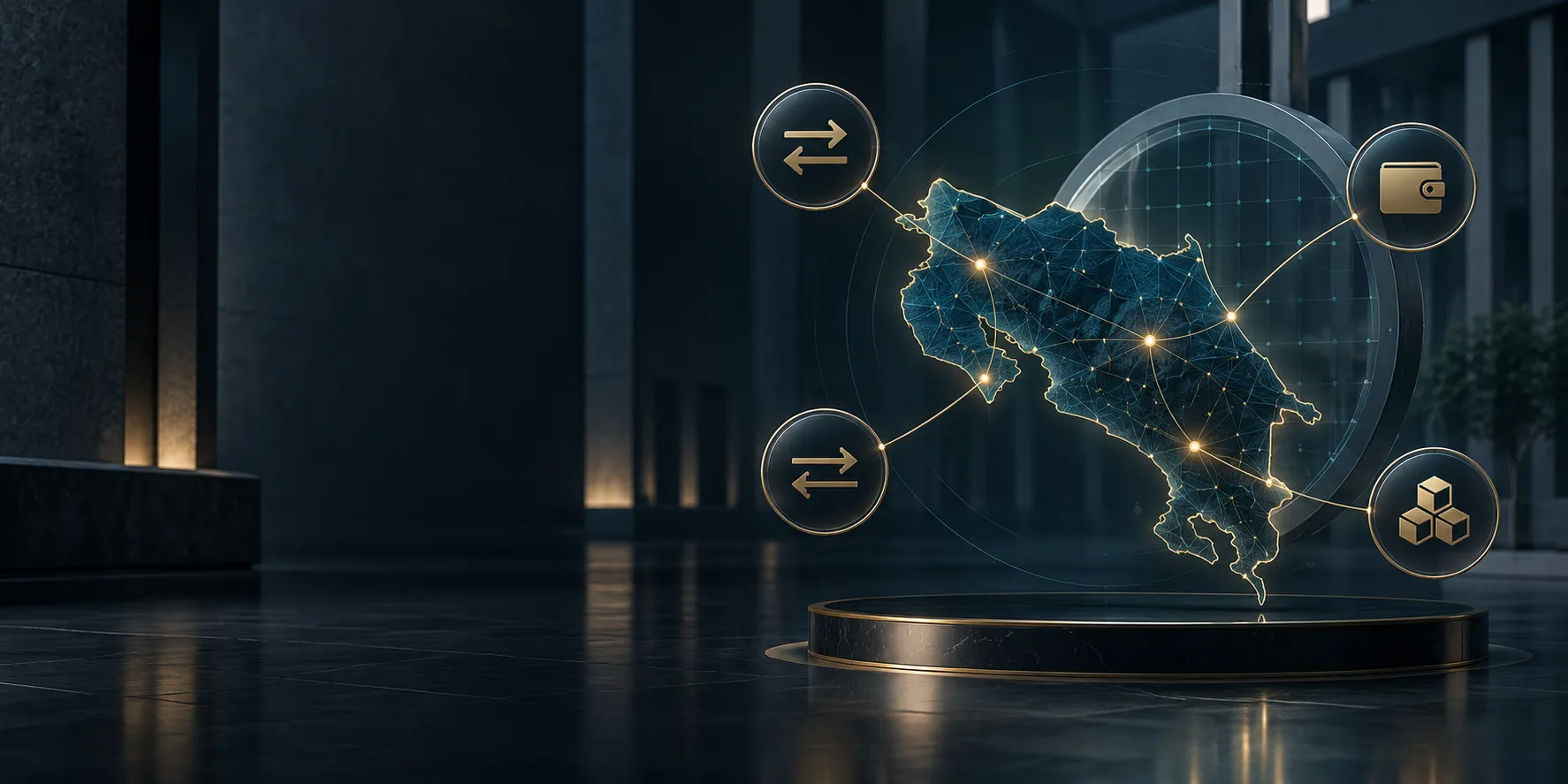Digital map of Costa Rica connected to virtual asset exchange, transfer, custody and token-service symbols.