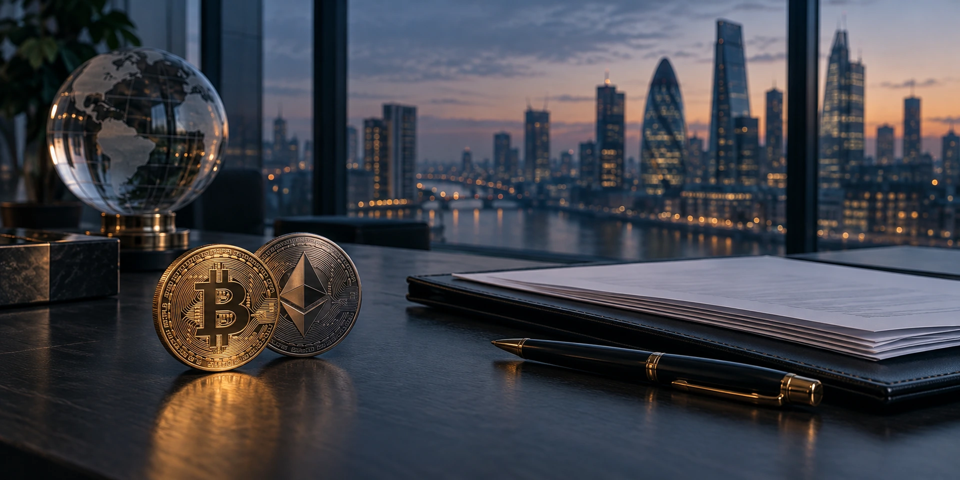 Bitcoin and Ethereum coins beside legal documents and a glass globe in a financial office at dusk.